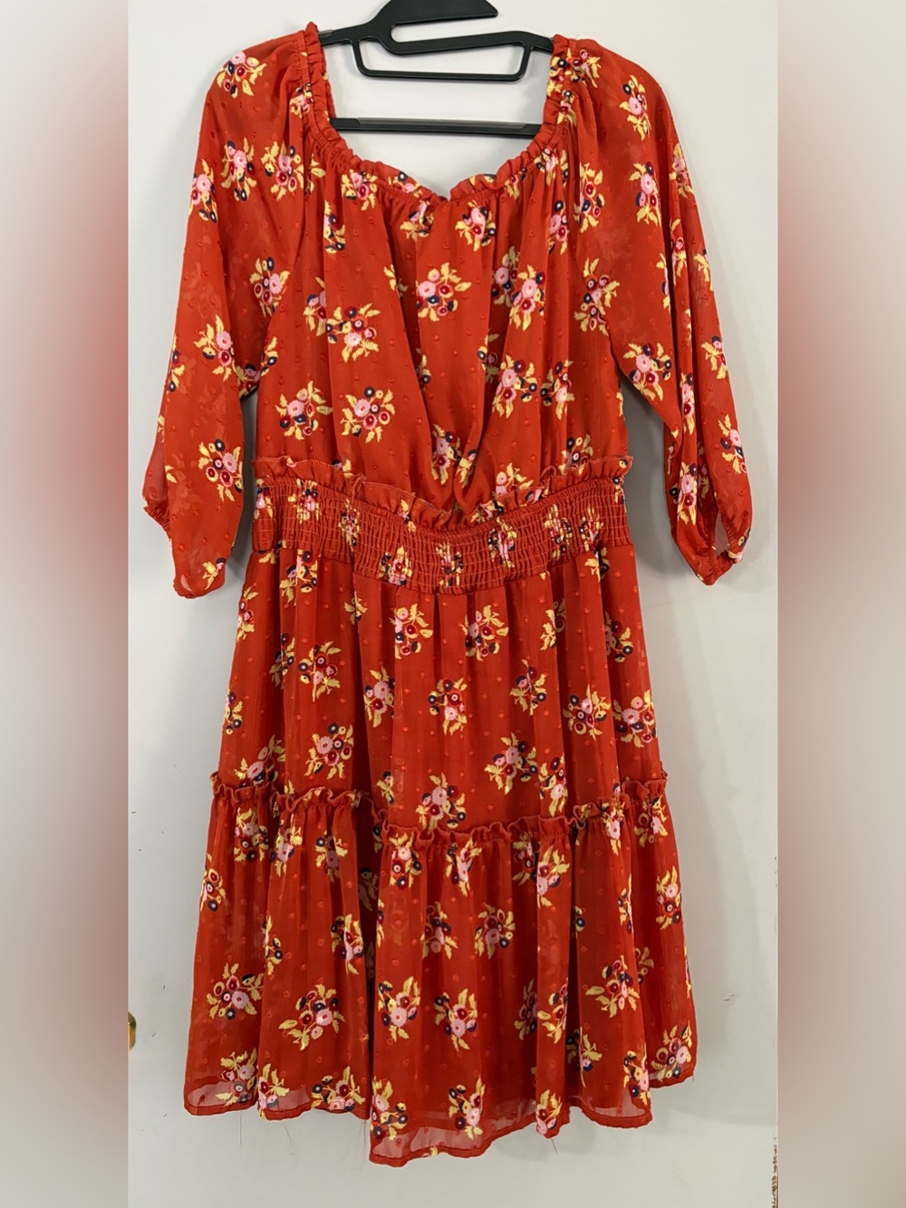 Women’s Rust Red Floral Smocked-Waist Casual Dress - Picture 2 of 4